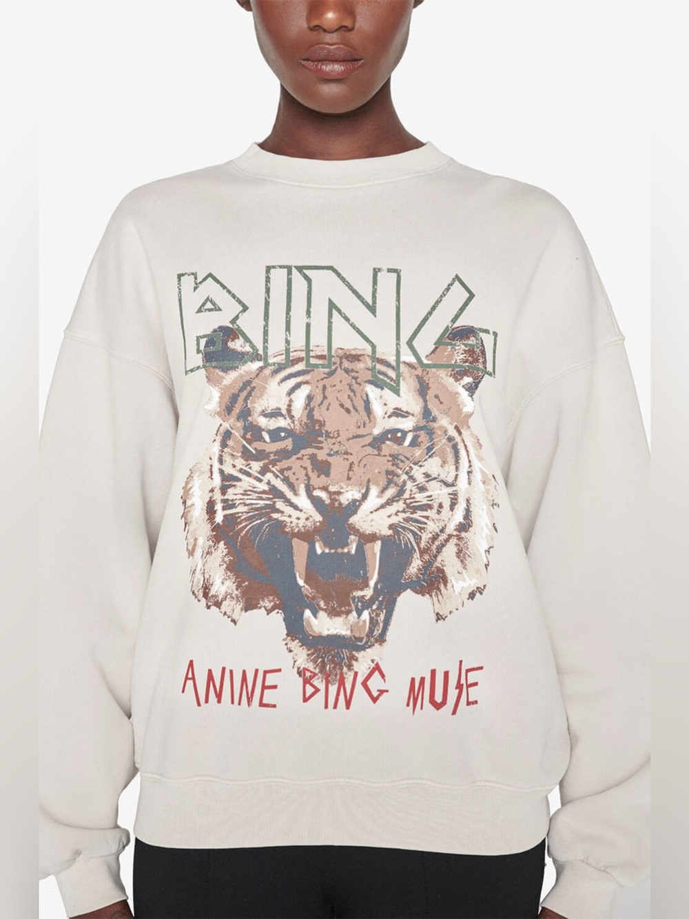ANINE BING Muse Tiger Crewneck Oversized Sweatshirt - Stone Tan Size XS